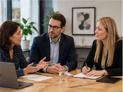 Two senior HR advisers listening carefully to a client during a workplace discussion.