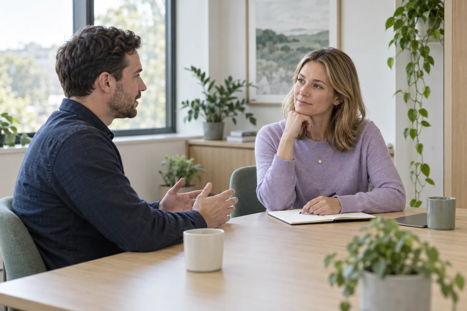 Two colleagues having a calm and focused workplace conversation