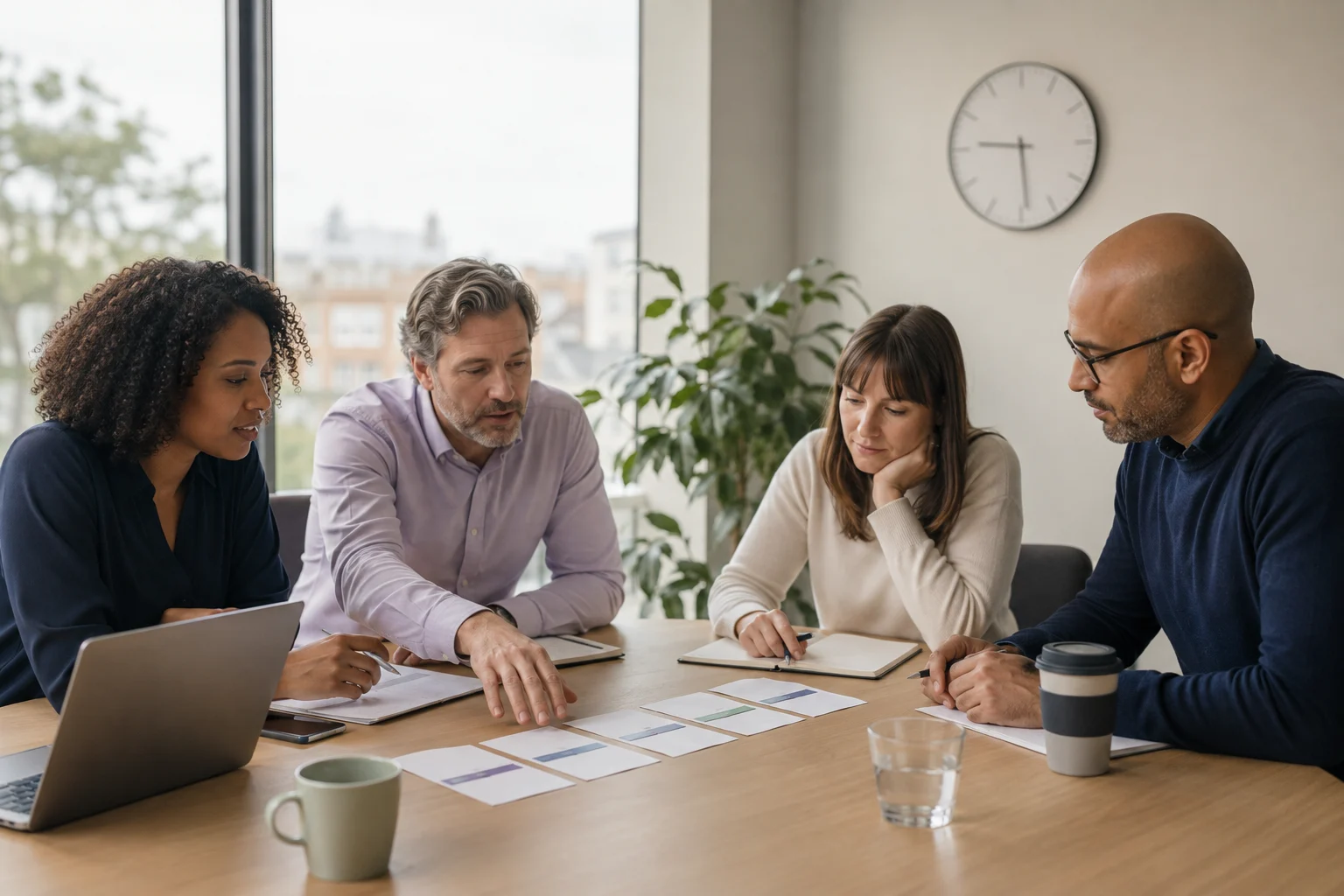 Small workplace team reviewing a change plan around a meeting table
