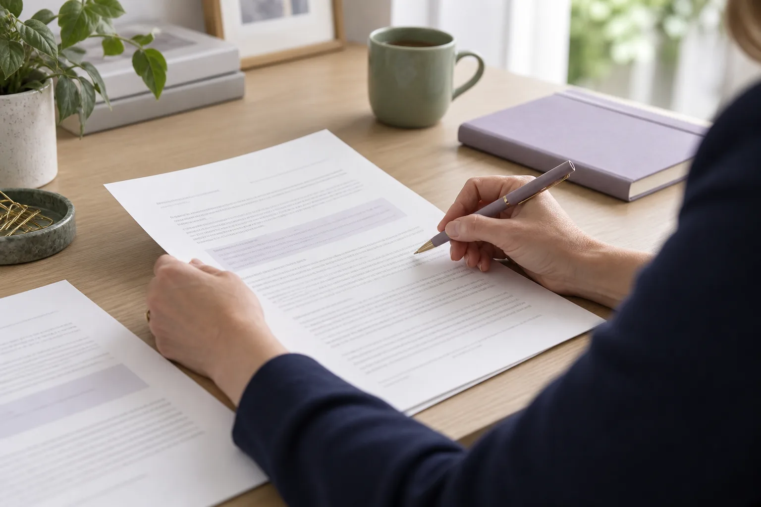 Close view of an HR professional carefully reviewing a workplace policy document