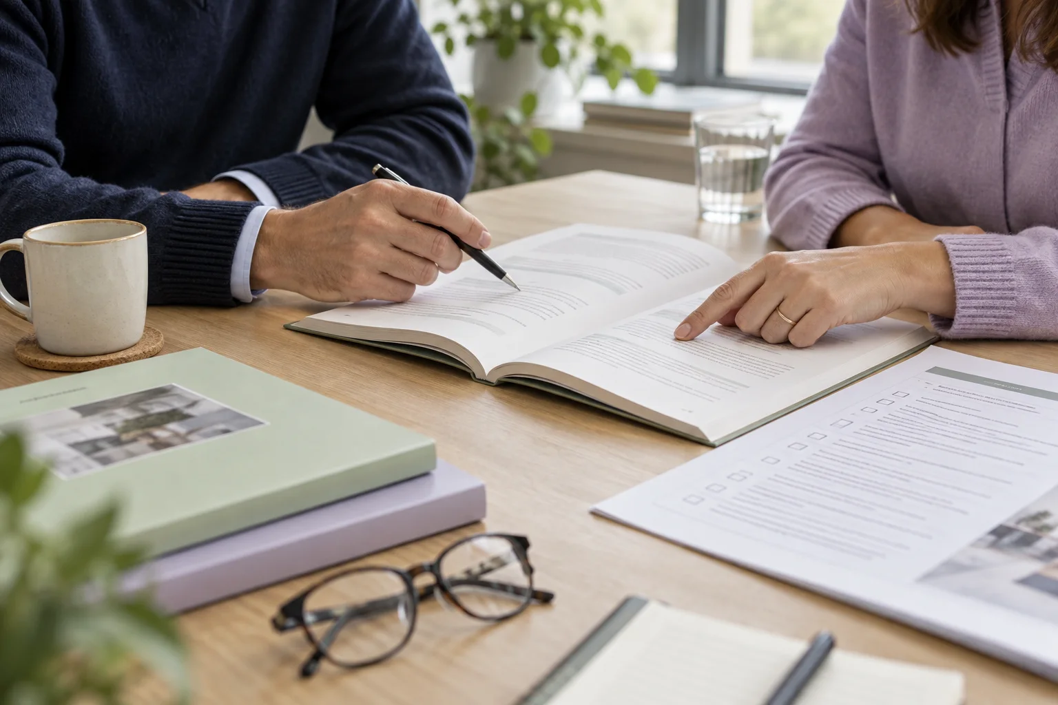 Two colleagues reviewing workplace policies and an action checklist