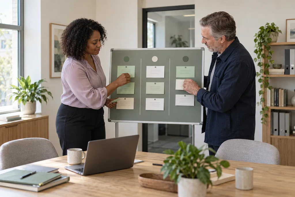 Two colleagues planning workplace changes in three stages