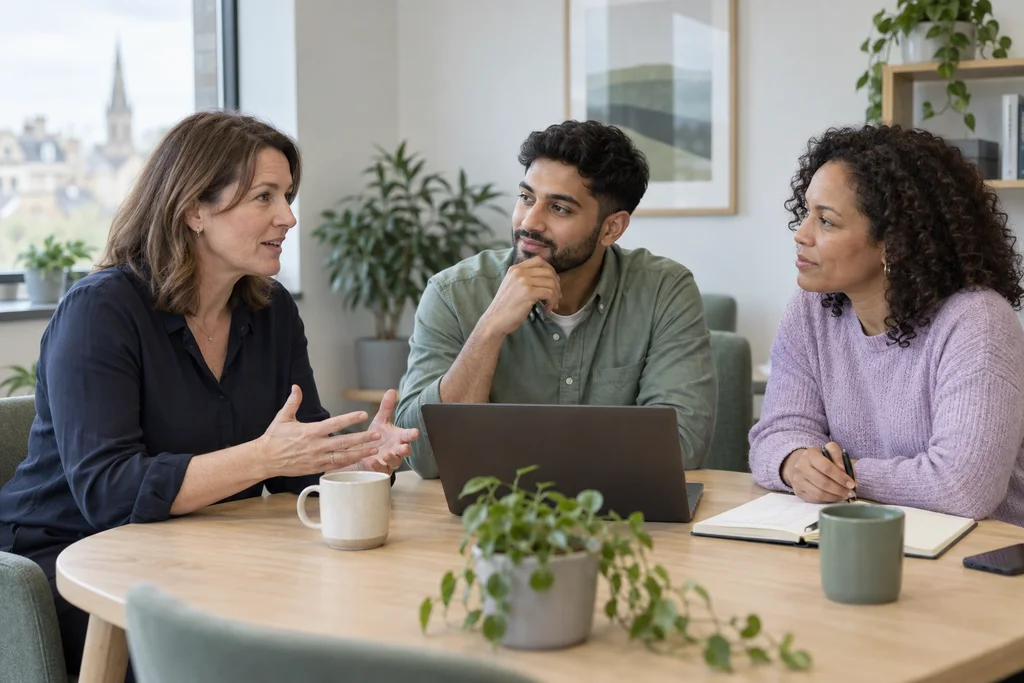 Colleagues sharing practical HR ideas around a meeting table